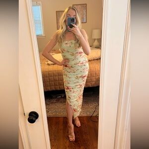 Lulu’s Mesh Floral Green and Pink Ruched Midi Dress